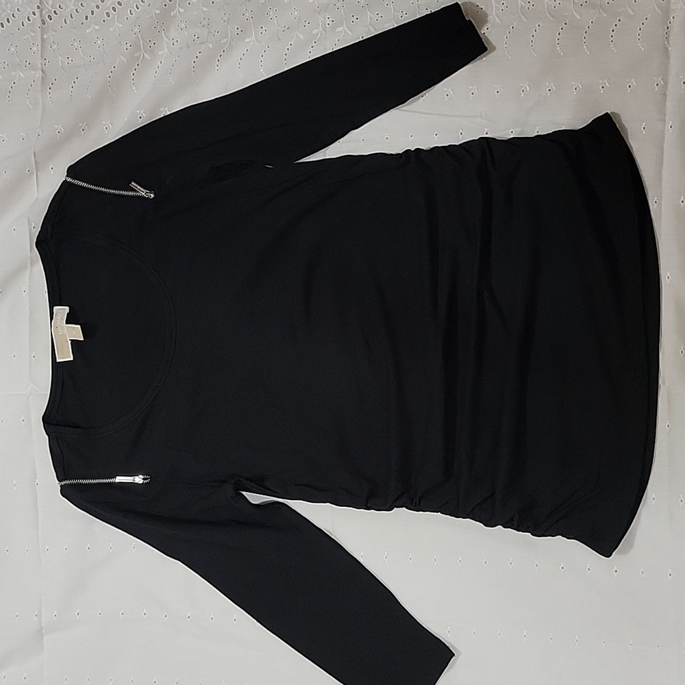 Michael Kors Black Ruched Shoulder Zip Long Sleeve Top Medium